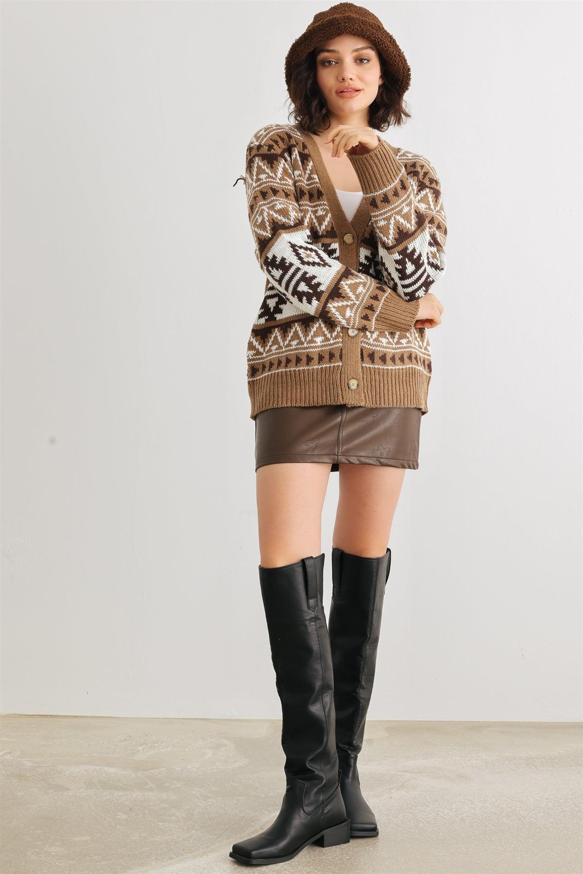 Mocha Fair Isle Knit Button-Up Long Sleeve Cardigan Sweater /2-2-2