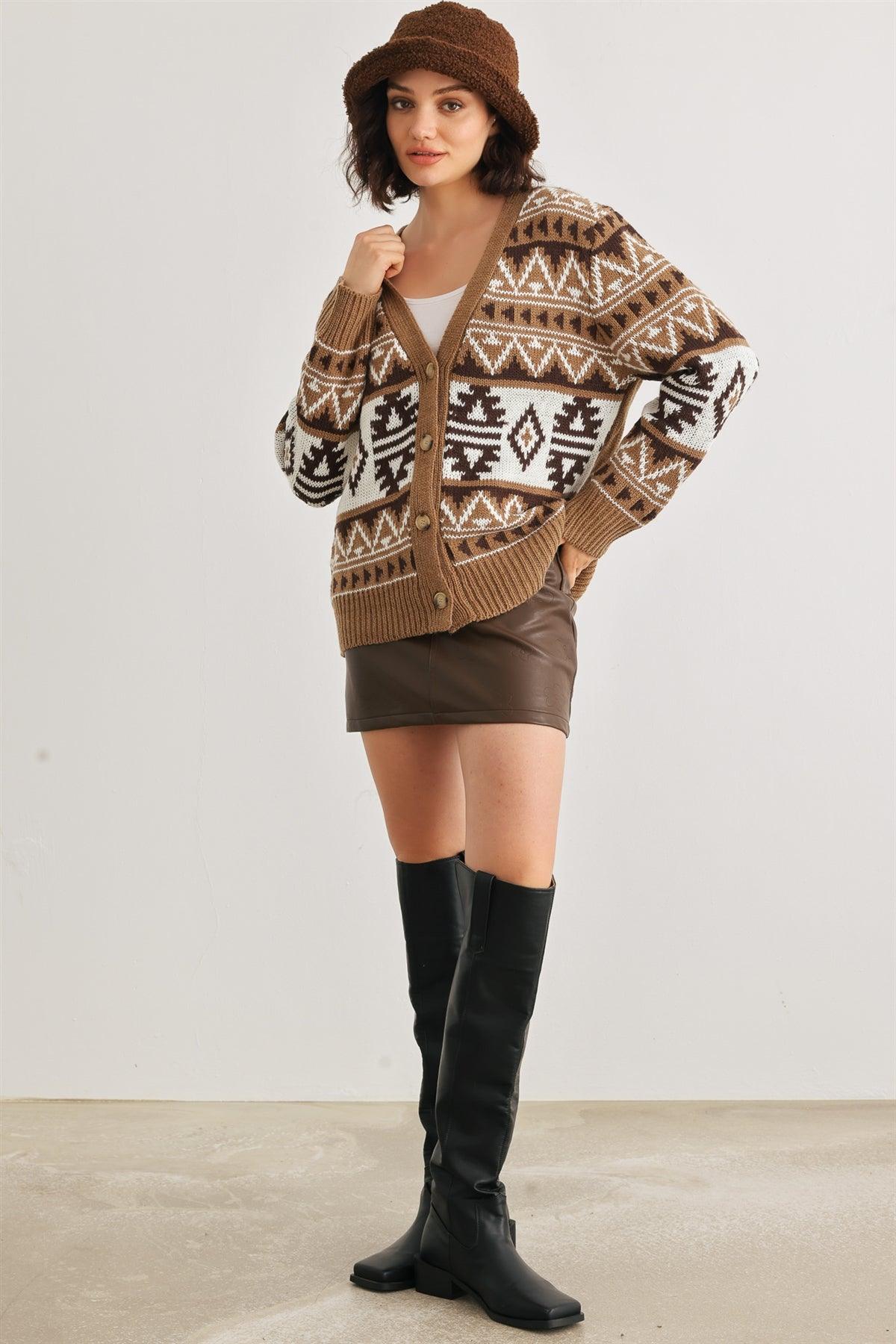 Mocha Fair Isle Knit Button-Up Long Sleeve Cardigan Sweater /2-2-2