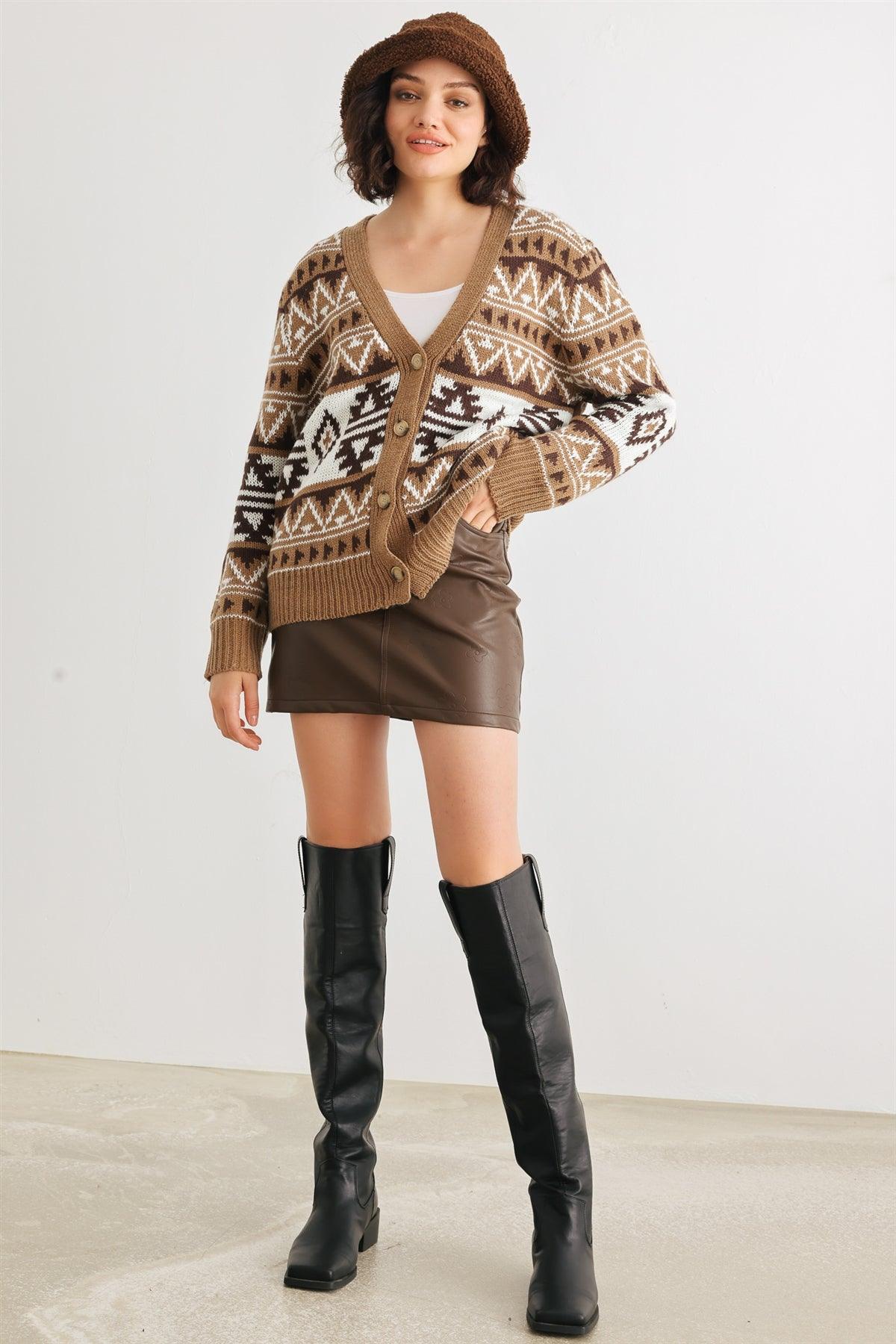 Mocha Fair Isle Knit Button-Up Long Sleeve Cardigan Sweater /2-2-2