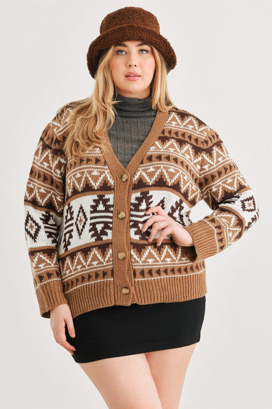 Junior Plus Mocha Fair Isle Knit Button-Up Long Sleeve Cardigan Sweater /3-2-1