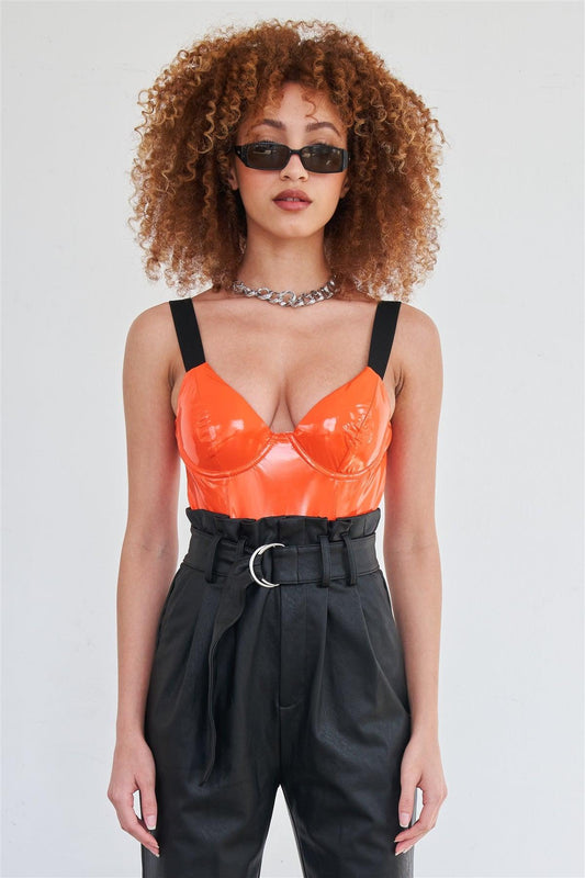 Orange Vegan Leather Elastic Strap Bustier Bodysuit