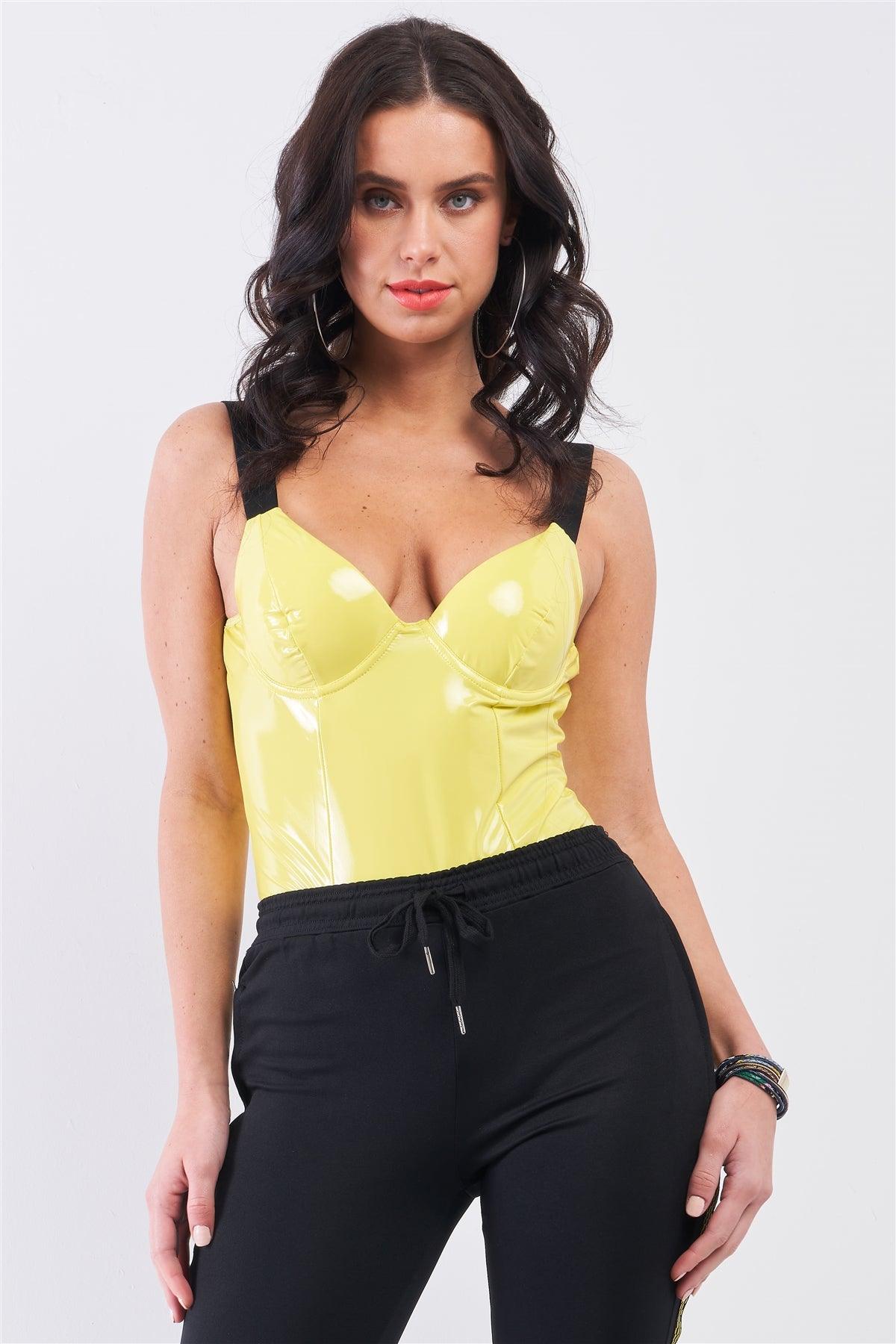 Yellow Vegan Leather Elastic Strap Bustier Bodysuit /2-2-2