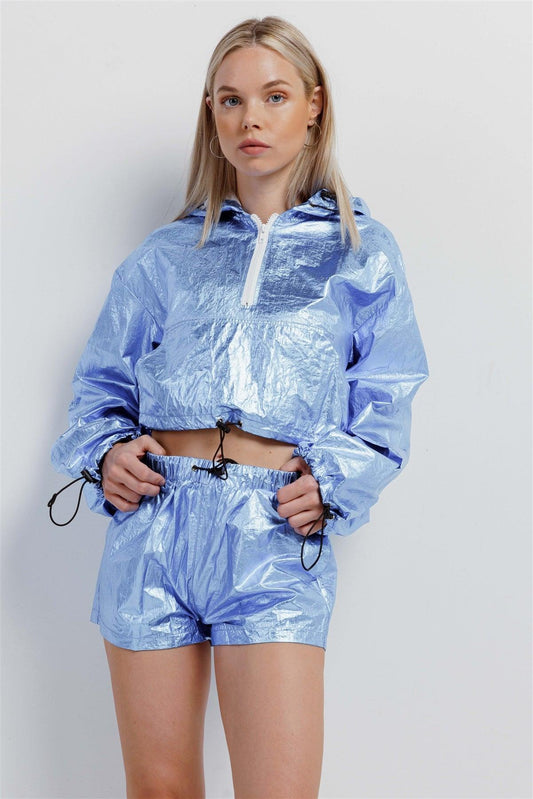 Metallic Blue Water Proof Hooded Draw String Crop Top & Short Sporty Activewear Set /2-2-2