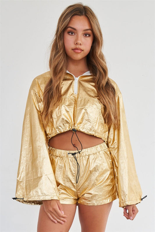 Metallic Gold Water Proof Hooded Draw String Crop Top & Short Sporty Activewear Set