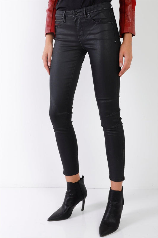 David Bitton Black Glossy Coated Contrast White & Red Thread Stitch Low Rise Skinny Jeans