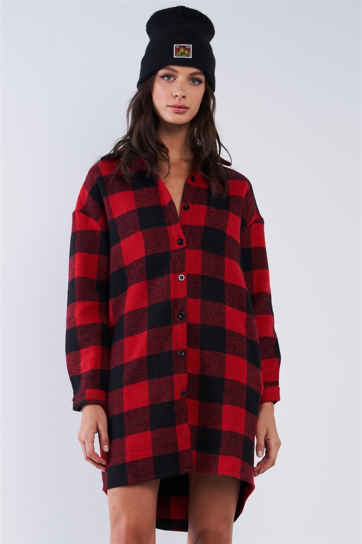 Red & Black Cotton Plaid Print Relaxed Fit Long Sleeve Thick Warm Button Down Sweater Dress With Pockets /2-2-1