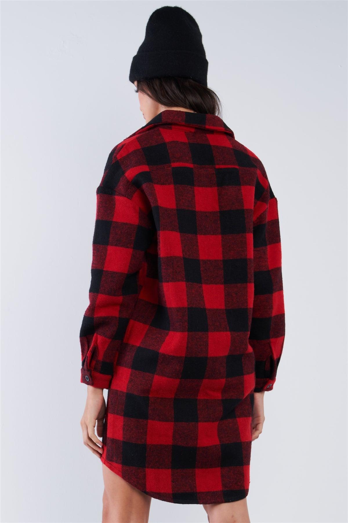 Red & Black Cotton Plaid Print Relaxed Fit Long Sleeve Thick Warm Button Down Sweater Dress With Pockets /2-2-2