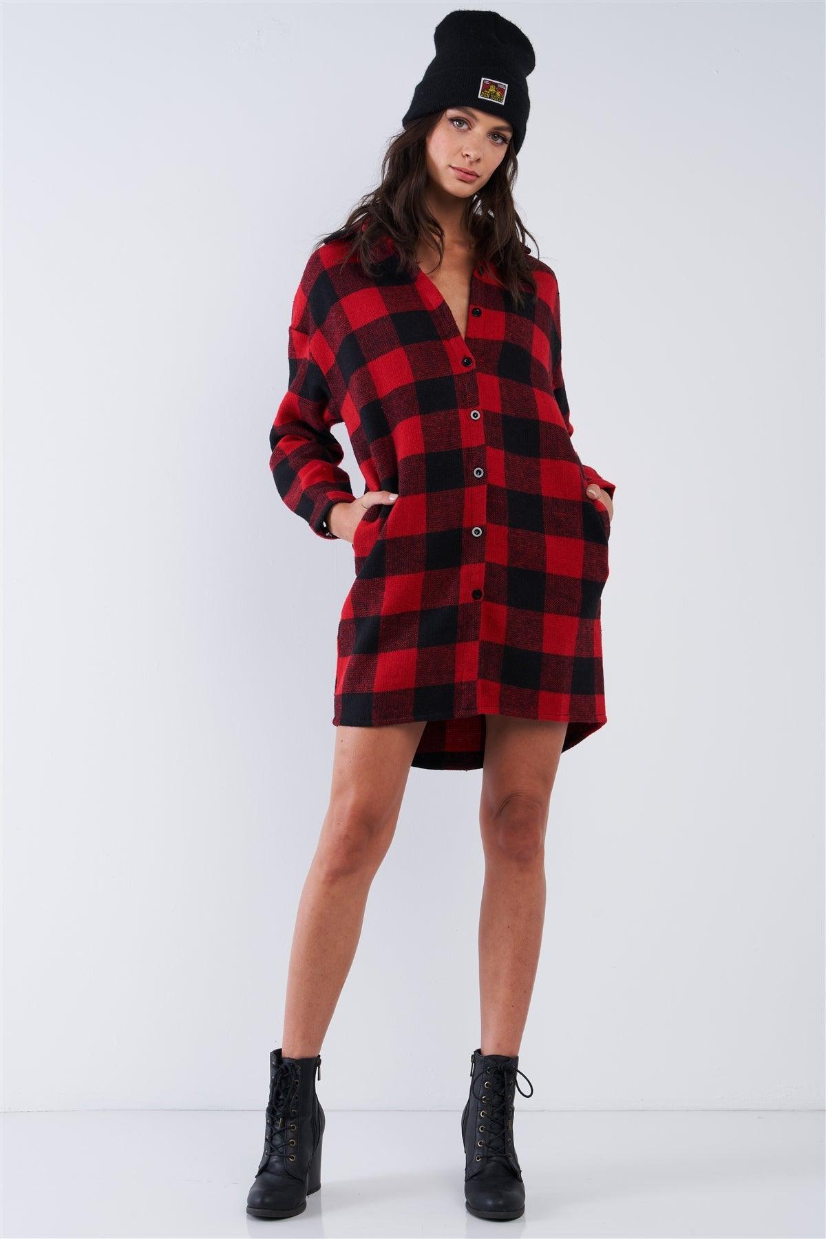 Red And Black Asymmetrical Cotton Checkered Print Relaxed Fit Long Sleeve Button Down Sweater Jacket With Pockets