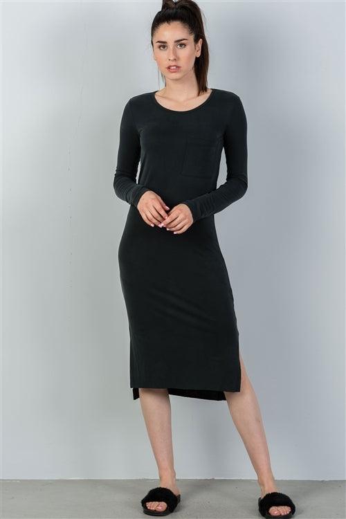 Black Side Pocket Side Slits Midi Dress /2-2-2