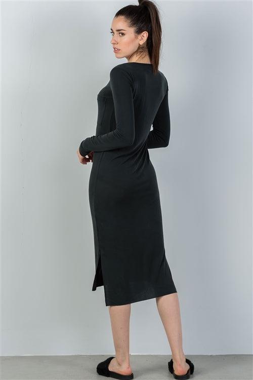 Black Side Pocket Side Slits Midi Dress /2-2-2