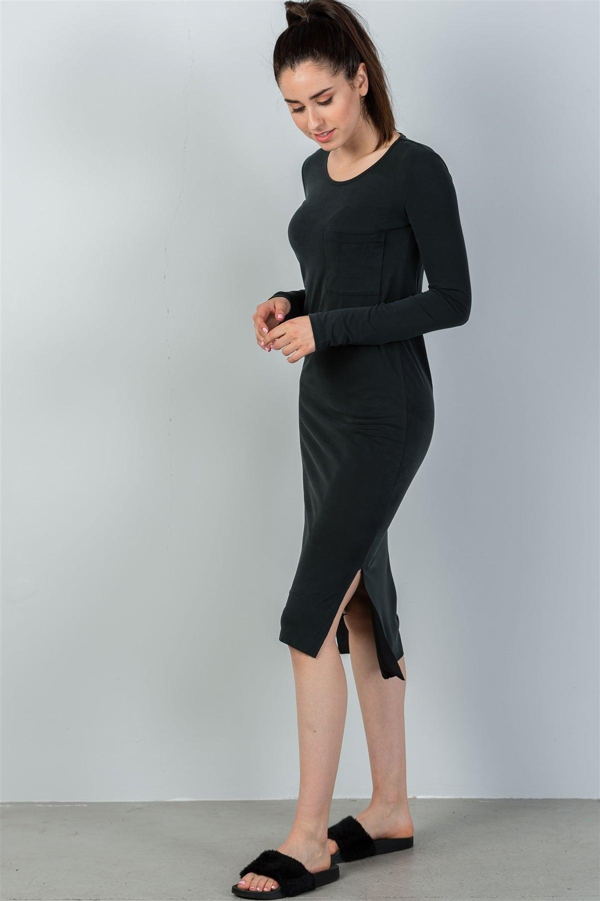 Black Side Pocket Side Slits Midi Dress /2-2-2