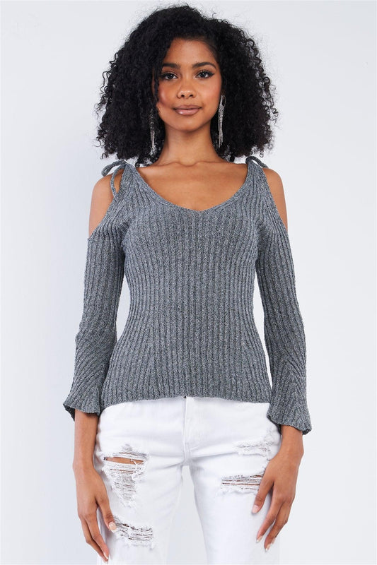 Concrete Grey Silver Tinsel Knitted Peek-A-Boo Self Tie Shoulder Top /2-2-2