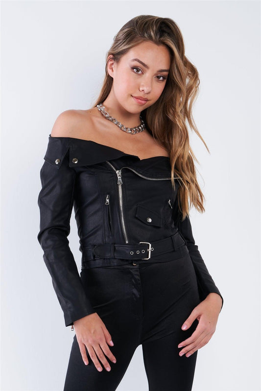 Black Off The Shoulder Vegan Leather Moto Jacket