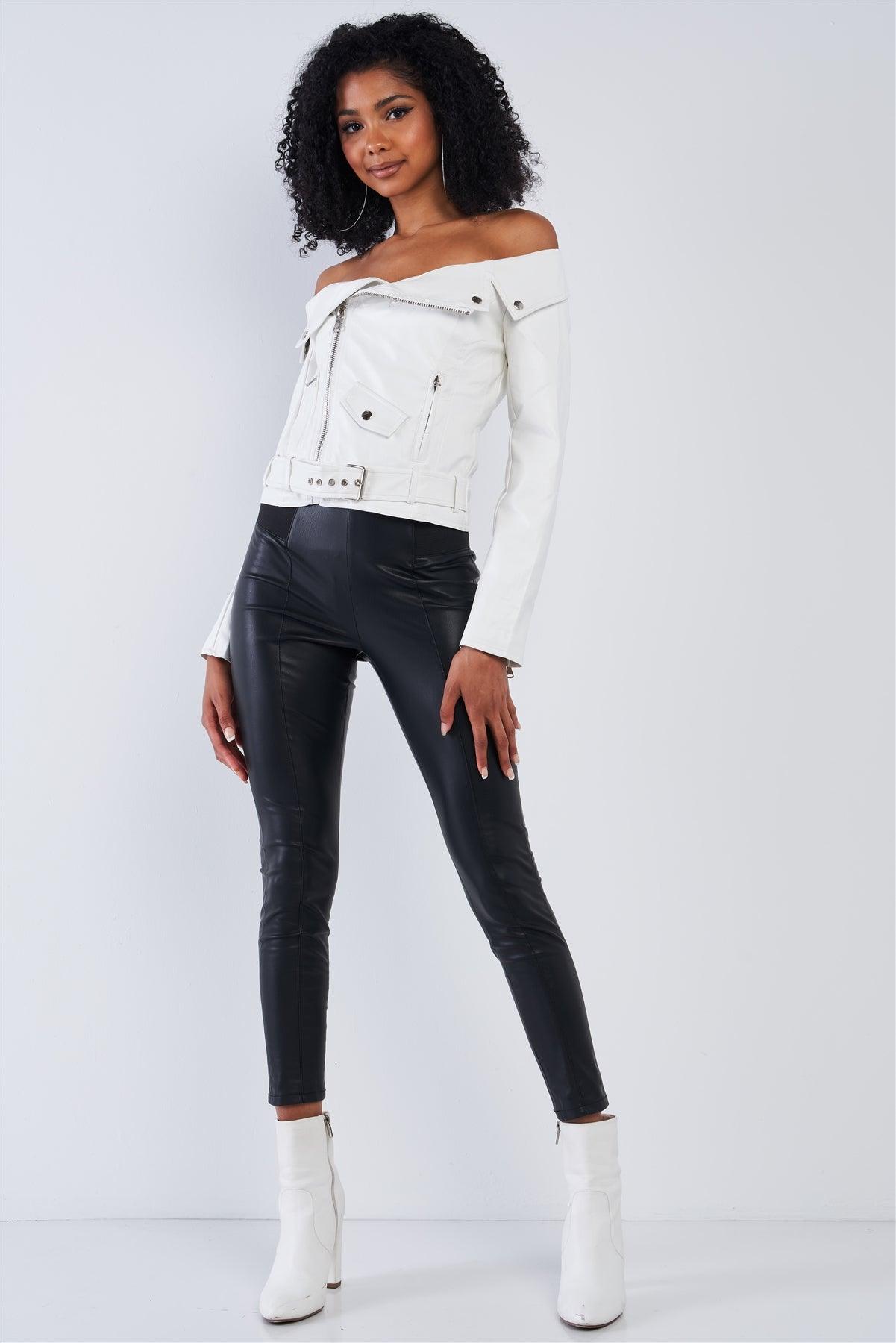 Snowball White Vegan Leather Off-The-Shoulder Oblique Zipper Belted Cropped Jacket /1-3-2