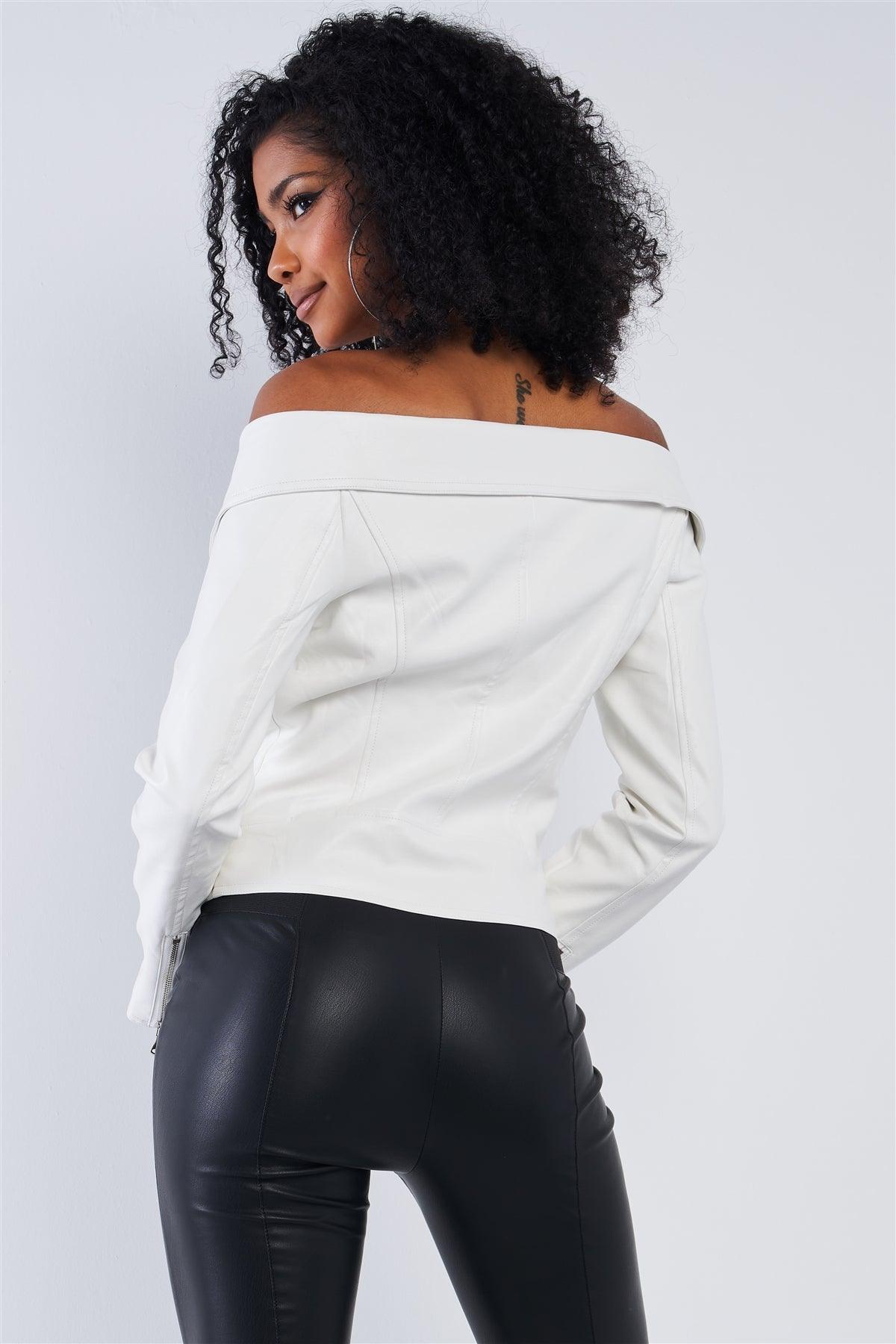 Snowball White Vegan Leather Off-The-Shoulder Oblique Zipper Belted Cropped Jacket /1-3-2