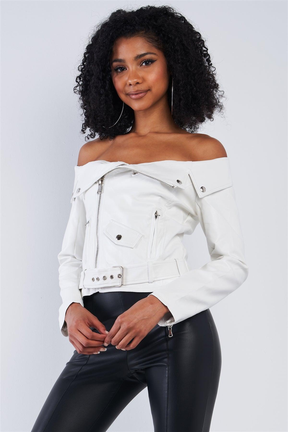 Snowball White Vegan Leather Off-The-Shoulder Oblique Zipper Belted Cropped Jacket /1-3-2