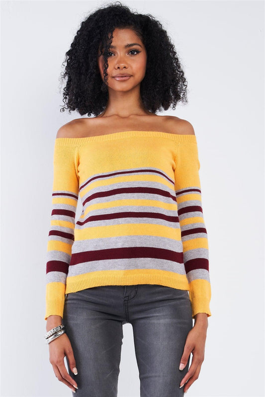 Yellow Multi Stripe Square Neck Off-The-Shoulder Long Sleeve Sweater /2-2-2