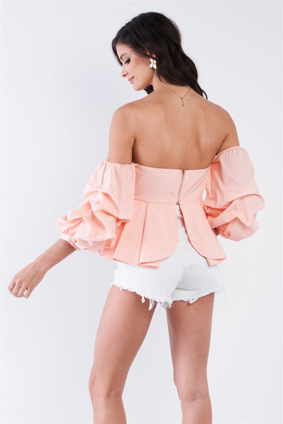 Blush Off Shoulder Puff Sleeve Ruffle V-Neck Peplum Crop Top /2-2-2