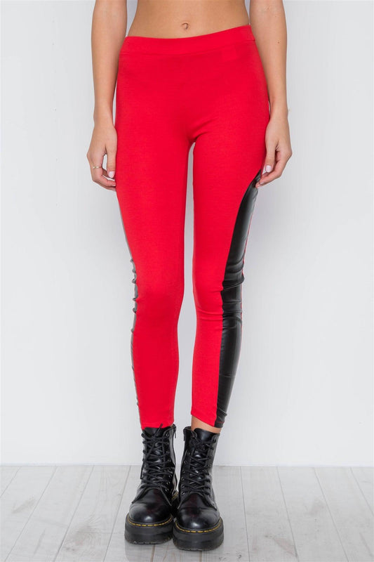 Red Faux Leather Sides Mid-Rise Leggings /1-3