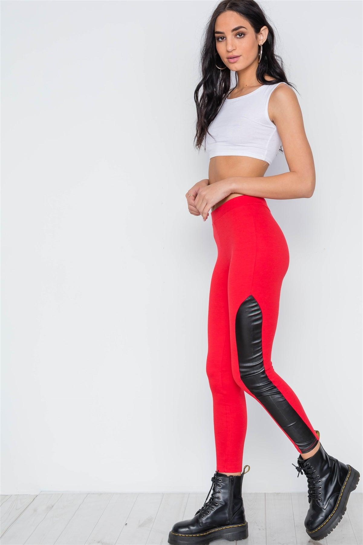 Red Faux Leather Sides Mid-Rise Leggings /1-3