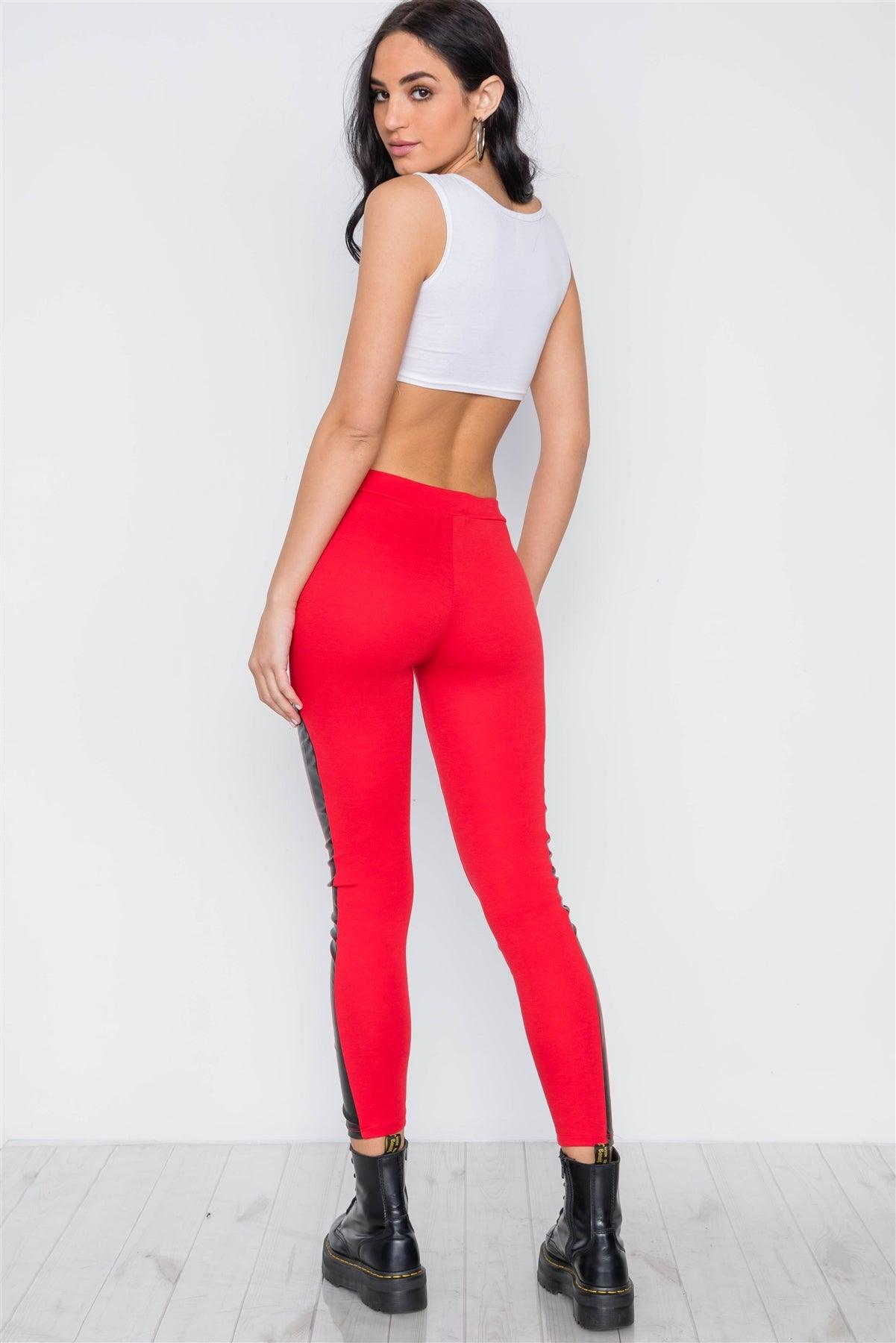 Red Faux Leather Sides Mid-Rise Leggings /1-3