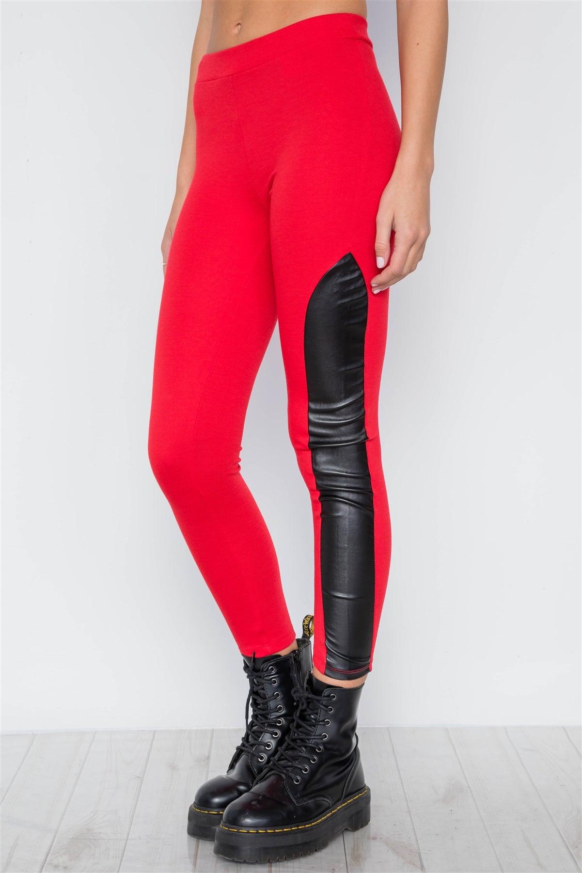 Red Faux Leather Sides Mid-Rise Leggings /1-3