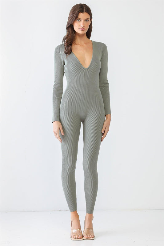 Sage Ribbed U-Shape Neck Back Zip-Up Stretchy Jumpsuit /3-2-1