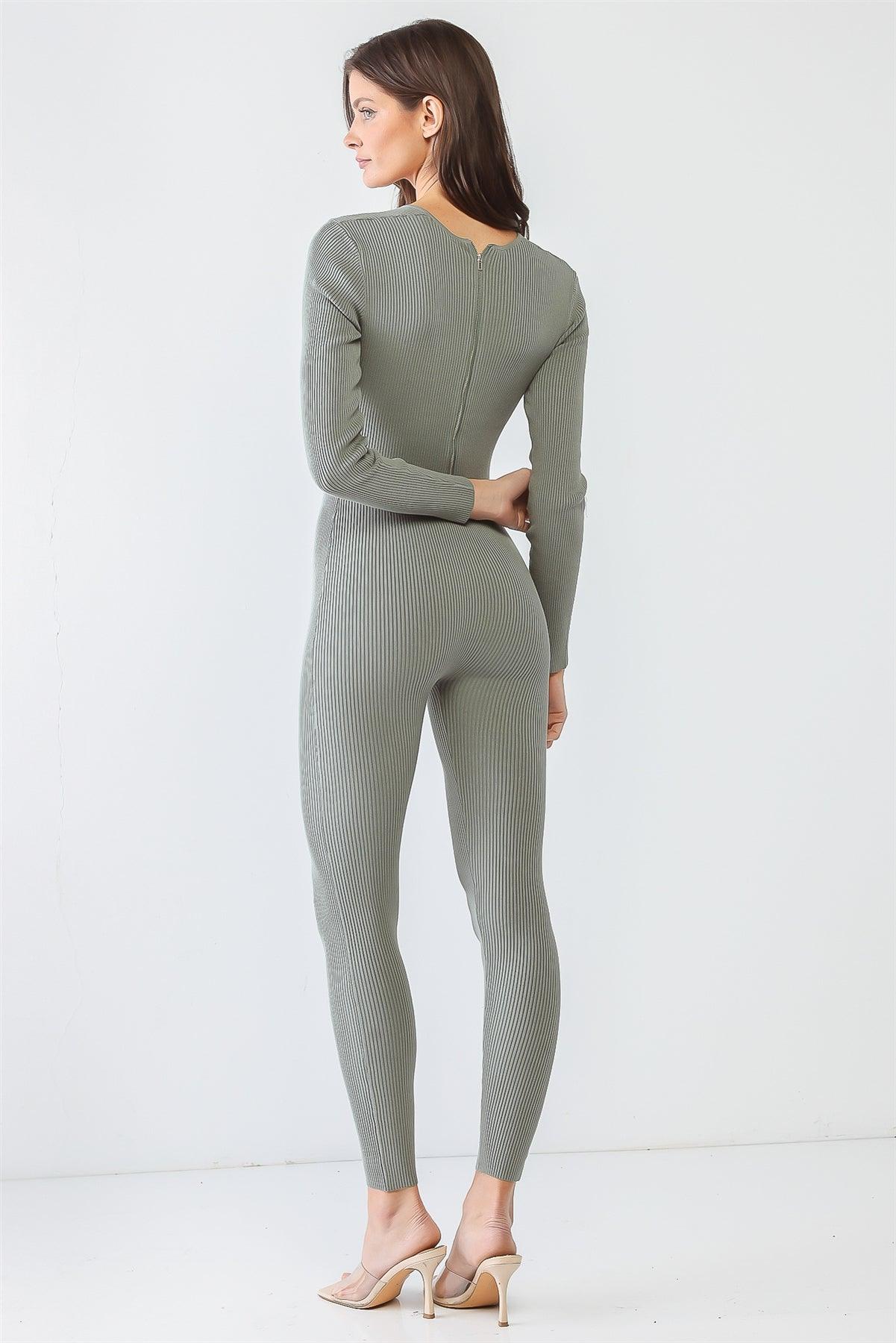 Sage Ribbed U-Shape Neck Back Zip-Up Stretchy Jumpsuit /1-3-2