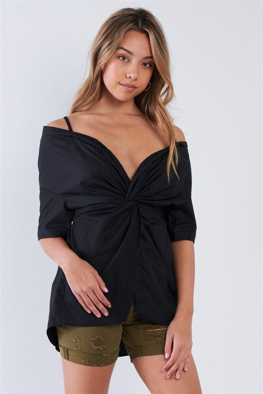 Black Off The Shoulder Front Twist High Low Top /2-2-2