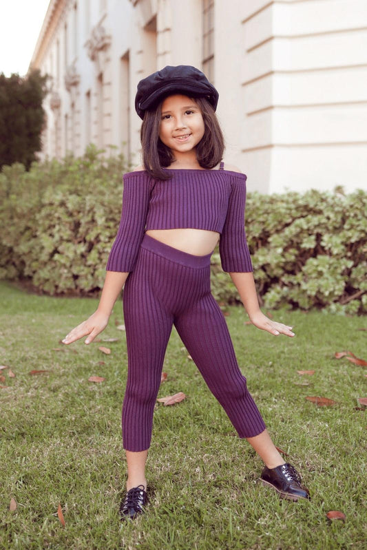 Girls Plum Ribbed Off-The-Shoulder Crop Top Legging Two Piece Set /1-1-2-1-1