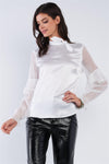 Bright White Satin Silk Bow Tie Collar Frill Sleeve Retro Classy Blouse Top /2-2