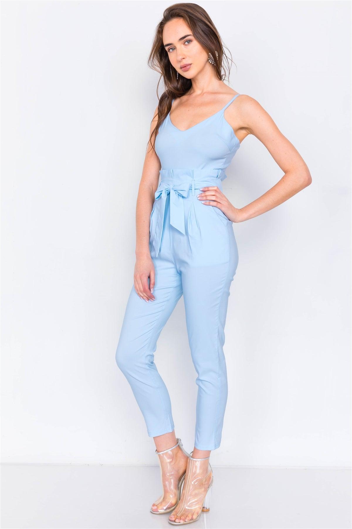 Baby Blue Mock High-Waist V-Neck Cami Casual Chic Jumpsuit /3-2-1