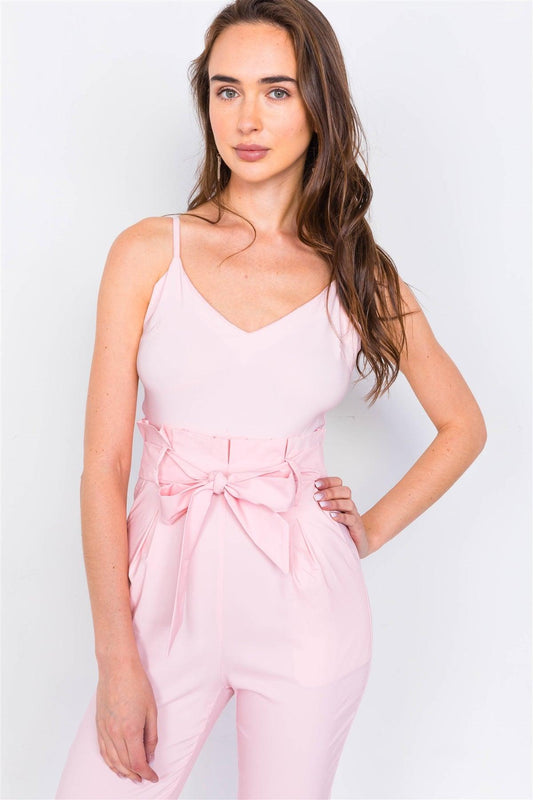 Pink Mock High-Waist V-Neck Cami Casual Chic Jumpsuit /3-2-1