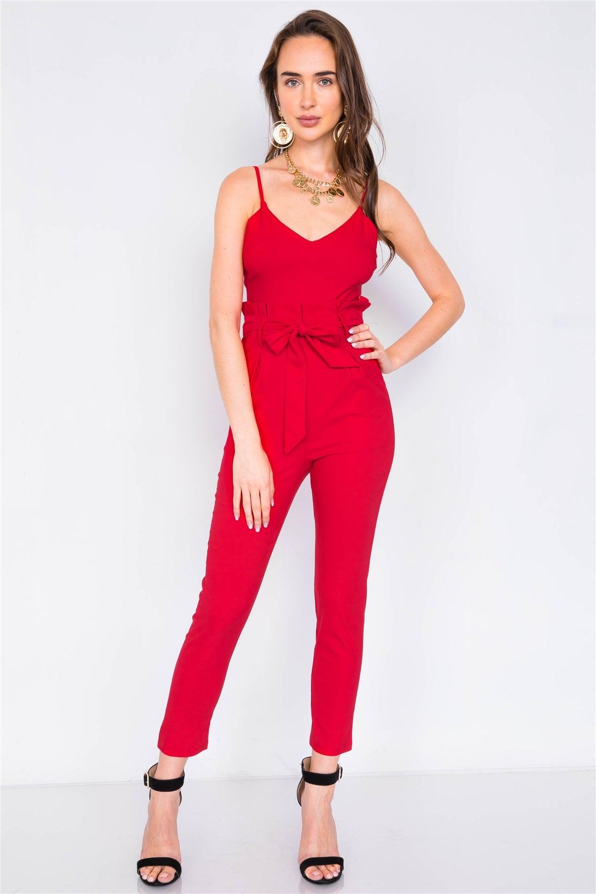 Red Mock High-Waist V-Neck Cami Casual Chic Jumpsuit  /3-2-1