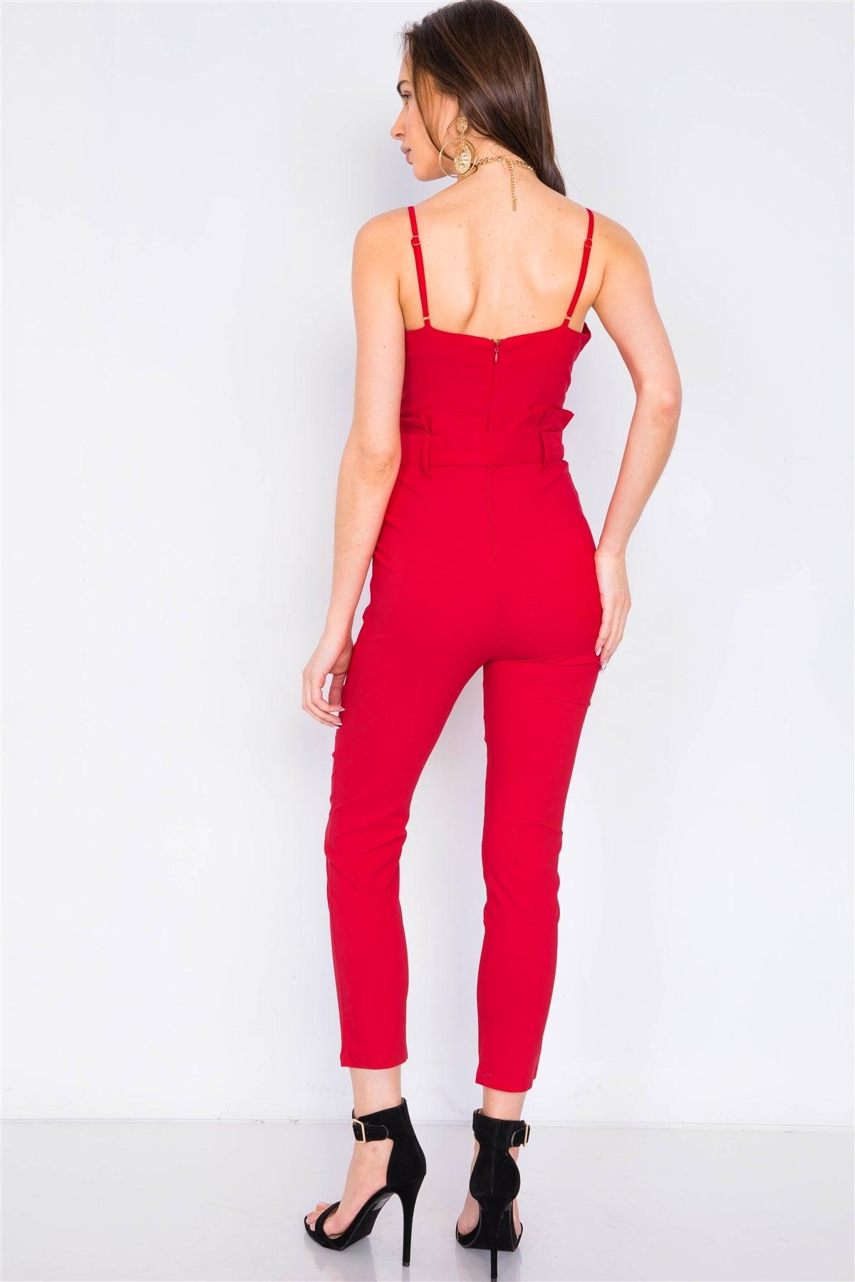 Red Mock High-Waist V-Neck Cami Casual Chic Jumpsuit  /3-2-1