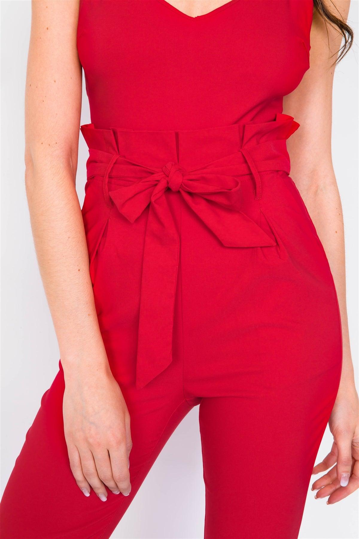 Red Mock High-Waist V-Neck Cami Casual Chic Jumpsuit  /3-2-1