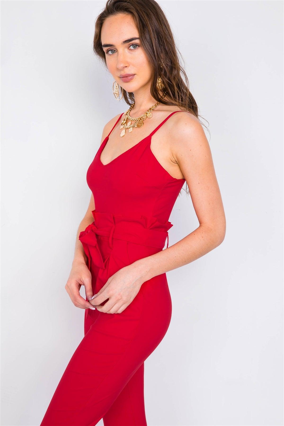 Red Mock High-Waist V-Neck Cami Casual Chic Jumpsuit  /3-2-1