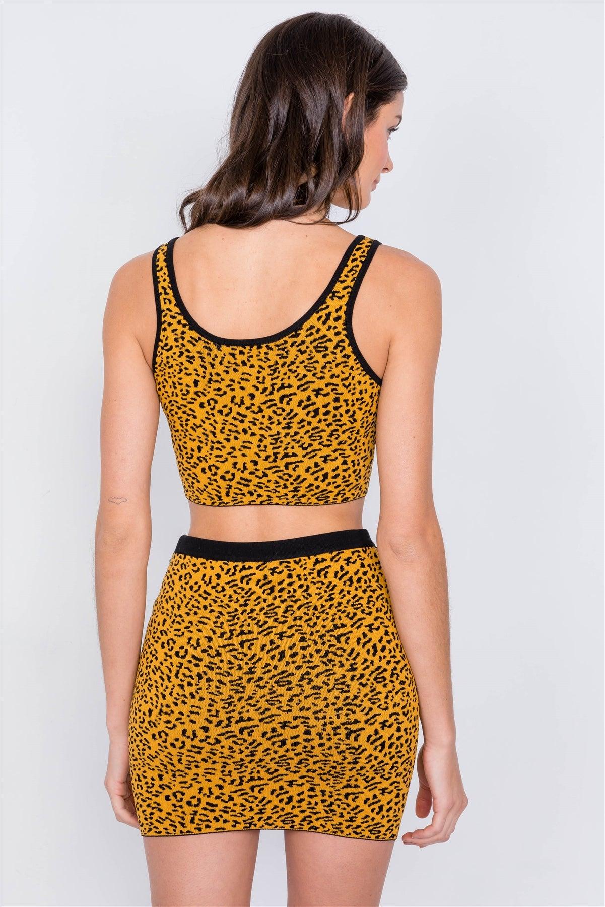 Mustard Black Leopard Print Crop Tank Top & Mini Skirt Set /3-2-1