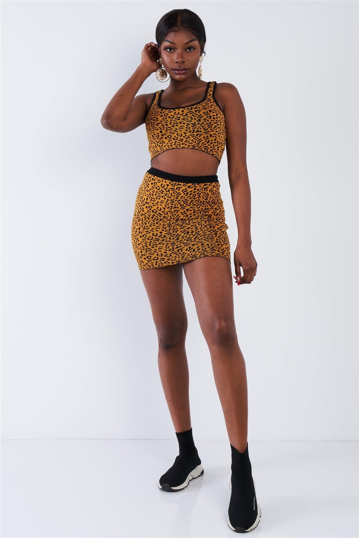 Mustard Black Leopard Print Crop Tank Top & Mini Skirt Set /3-2-1