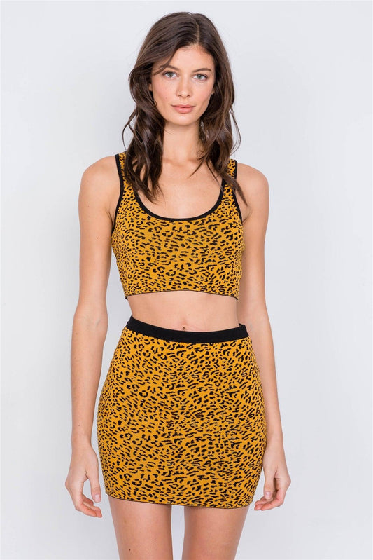 Mustard Black Leopard Print Crop Tank Top & Mini Skirt Set