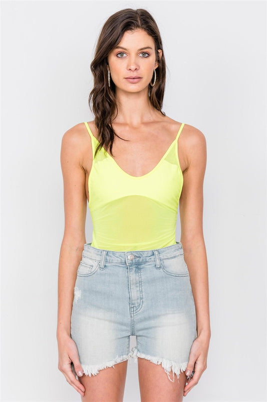 Neon Yellow V-Neck Semi Sheer Thong Bodysuit /3-2-1