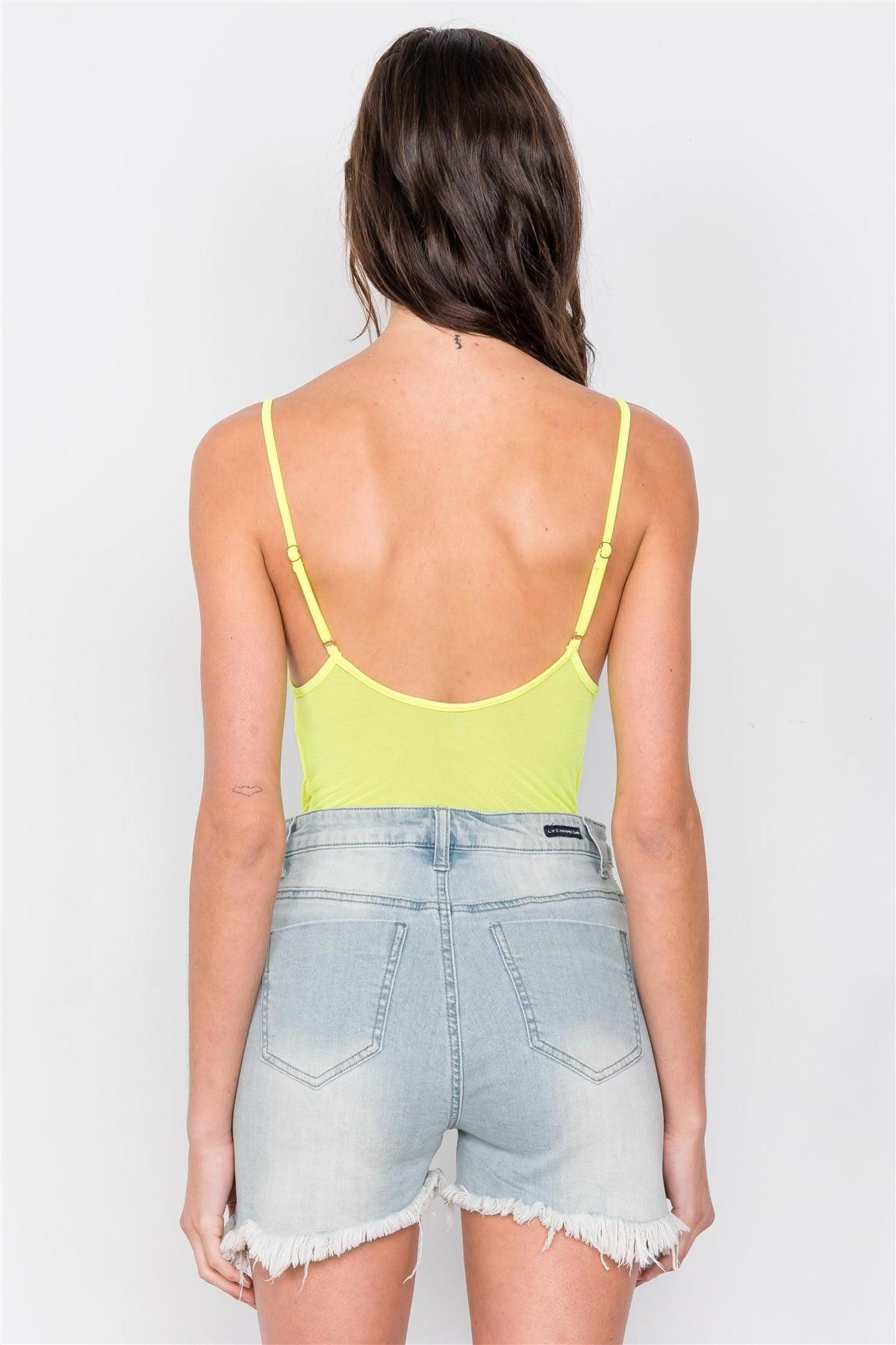 Neon Yellow V-Neck Semi Sheer Thong Bodysuit /3-2-1