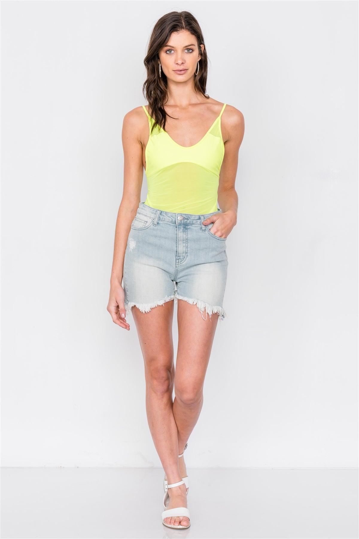 Neon Yellow V-Neck Semi Sheer Thong Bodysuit /3-2-1