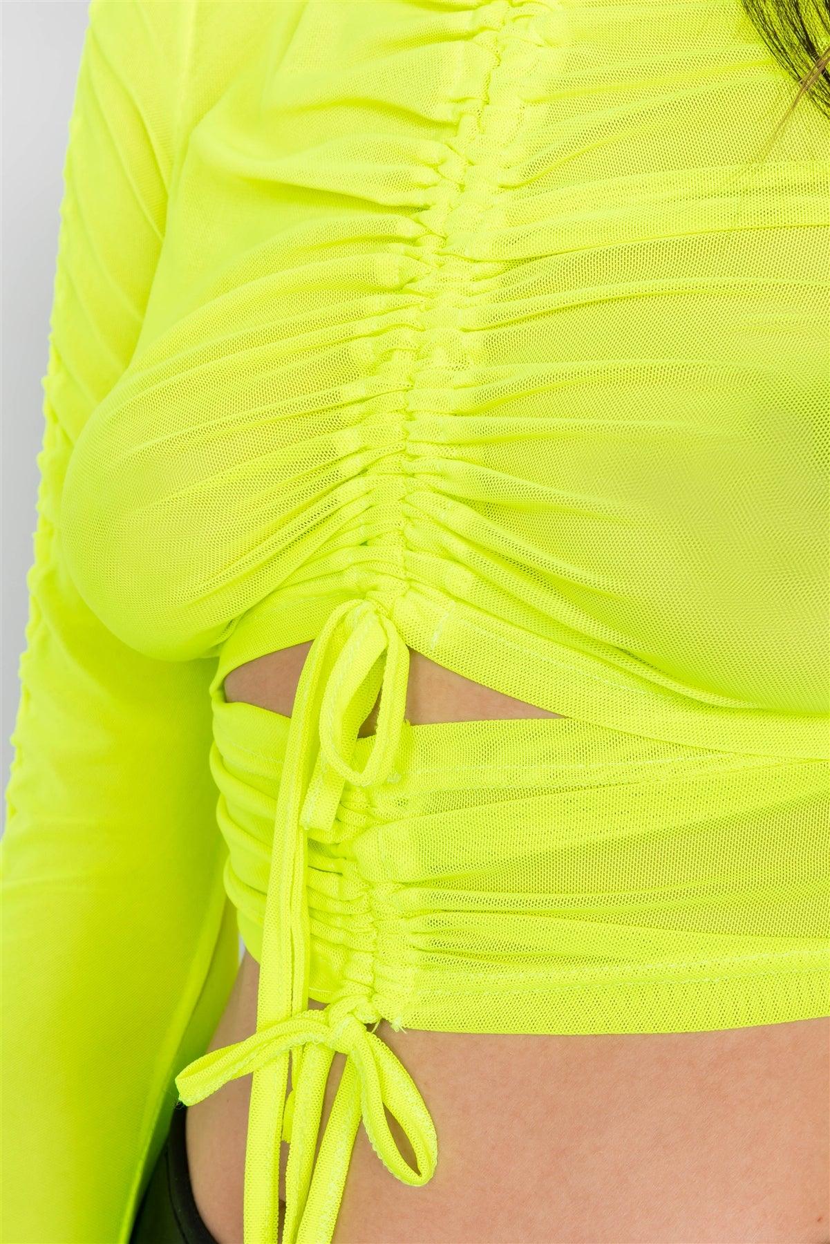 Neon Yellow Mesh Cut-Out Ruched Festival Crop Top /3-2-1