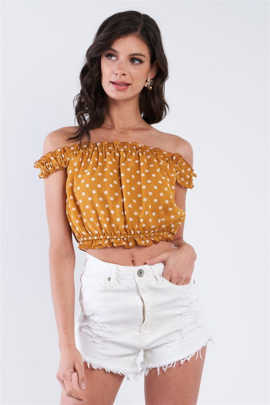 Mustard Polka Dot Print Off The Shoulder Crop Top /2-2-2