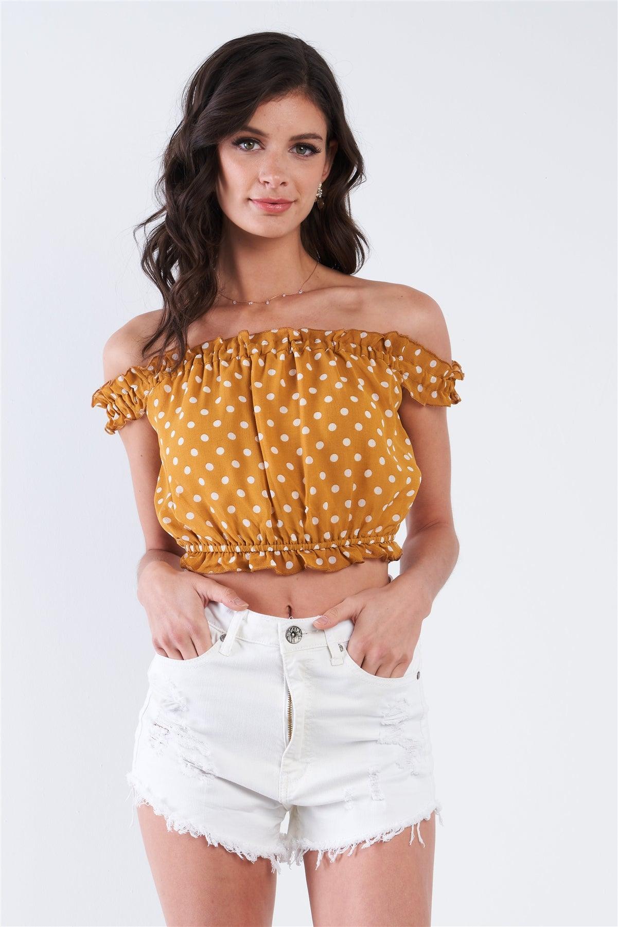 Mustard Polka Dot Print Off The Shoulder Crop Top /2-2-2