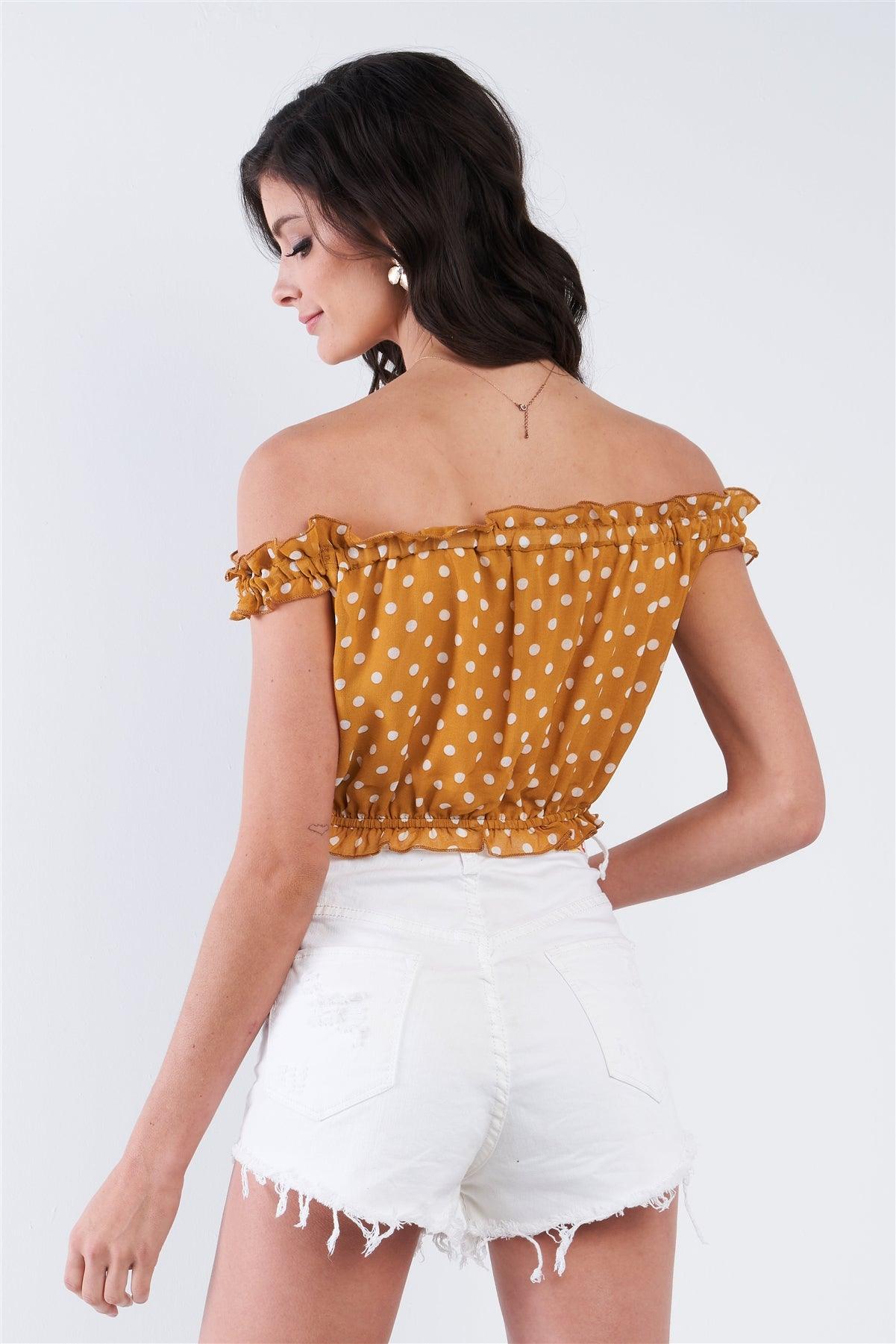 Mustard Polka Dot Print Off The Shoulder Crop Top /2-2-2