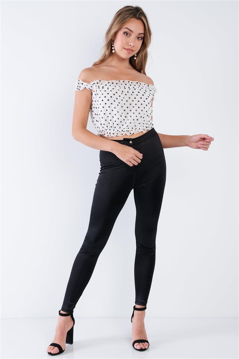 White Polka Dot Print Off The Shoulder Crop Top /2-2-2