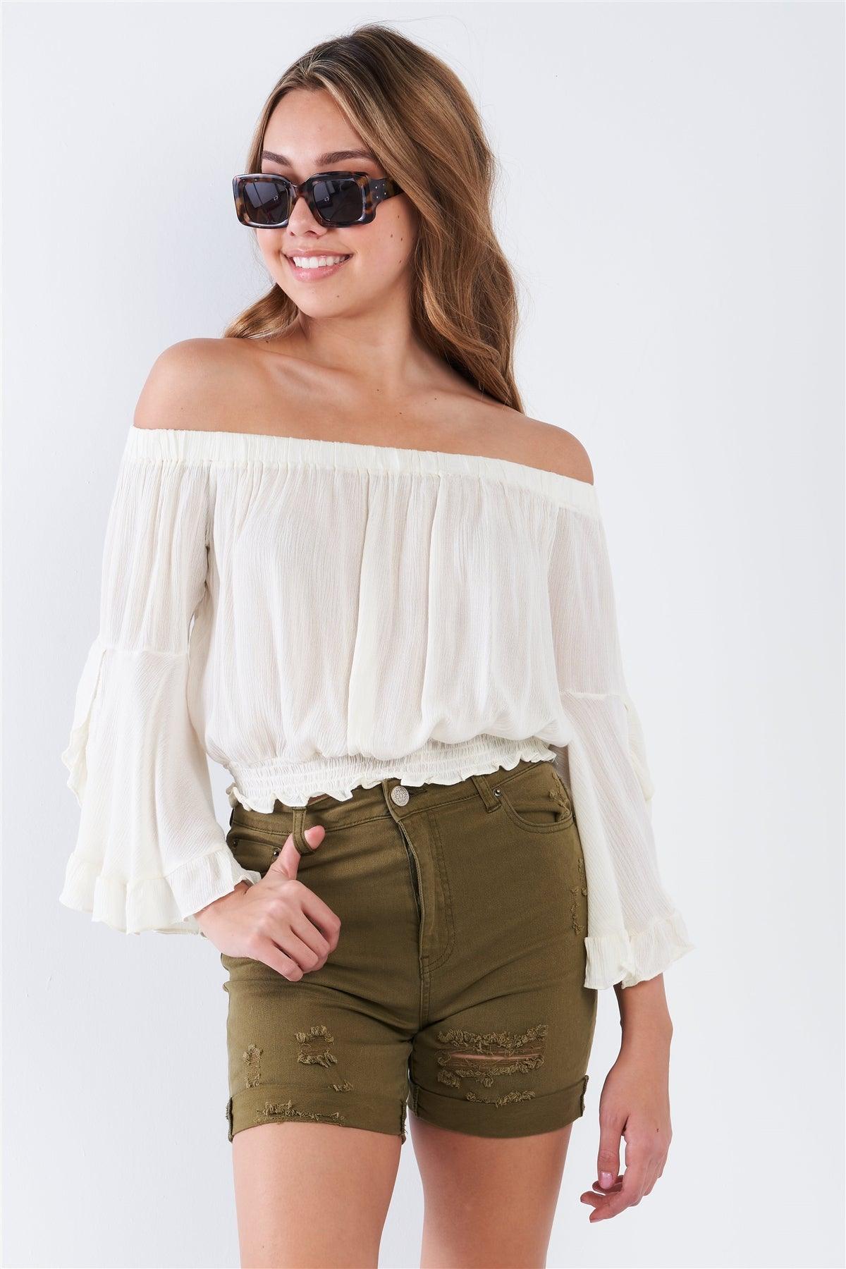 Natural Cream Off The Shoulder Butterfly Sleeve Crop Top /2-2-2