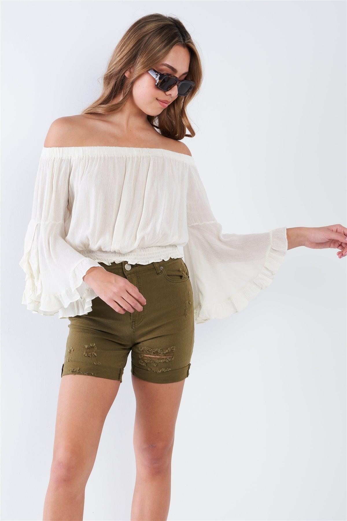 Natural Cream Off The Shoulder Butterfly Sleeve Crop Top /2-2-2